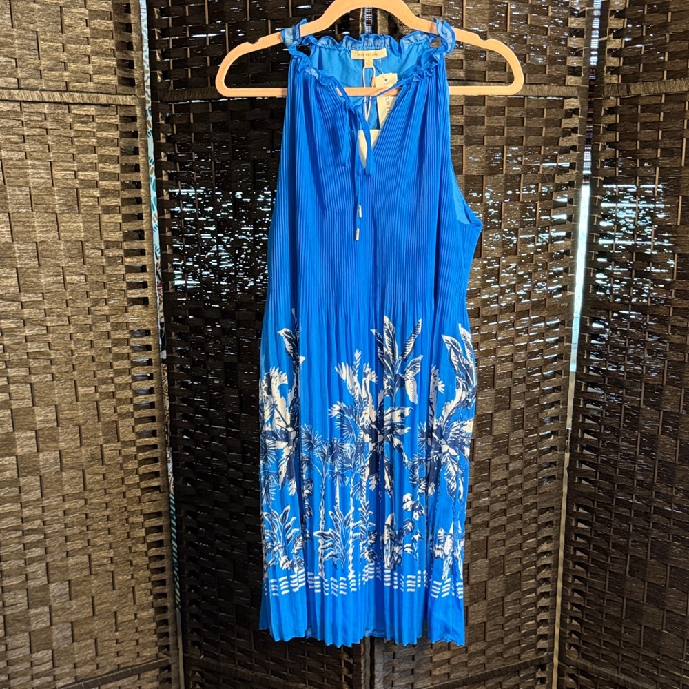 Skies Are Blue Raven Halter Neck Shift Dress Blue Pleated Palm Trees Size Large